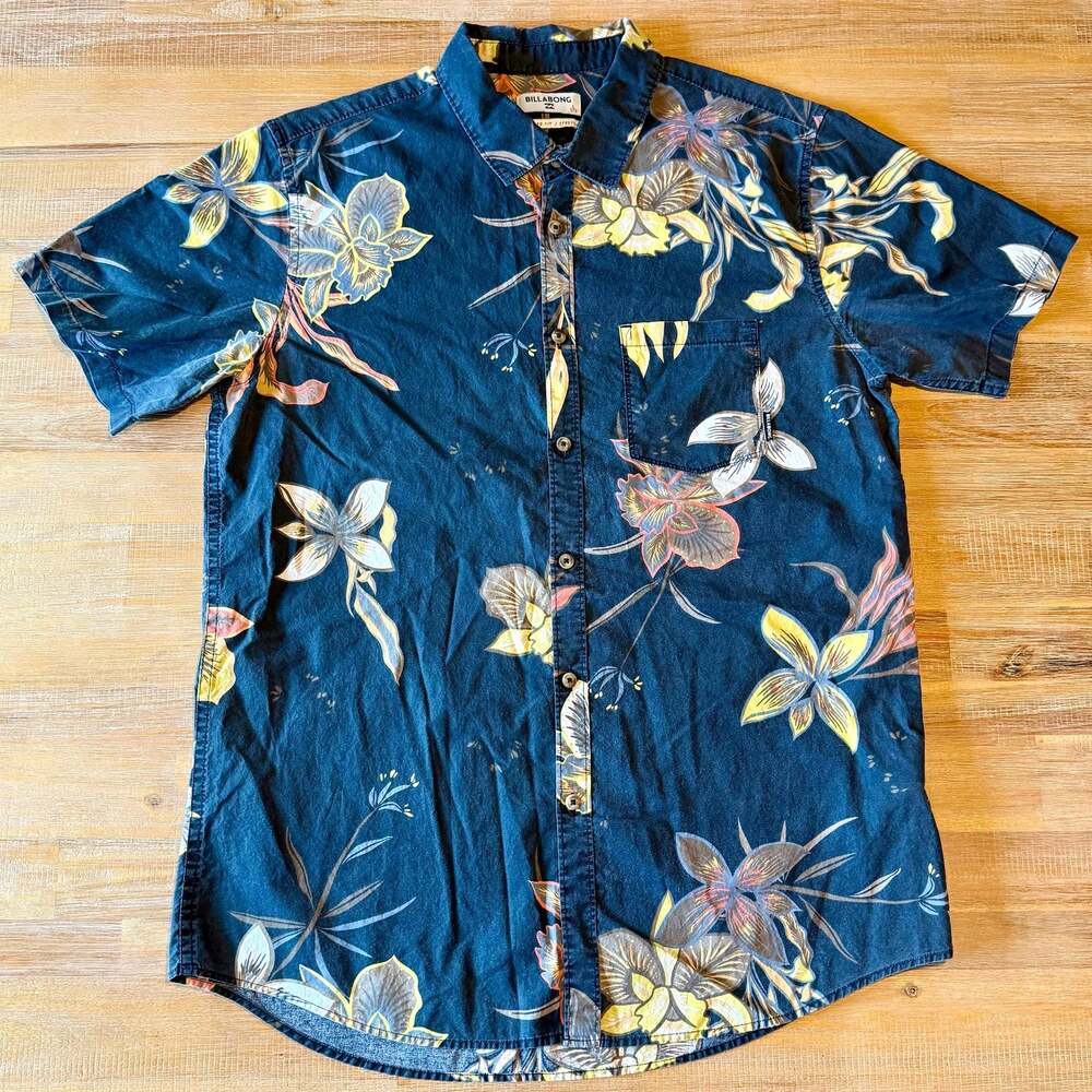 Billabong Floral Tailored Fit Short Sleeve Button-Up Shirt Grey Men's Size L